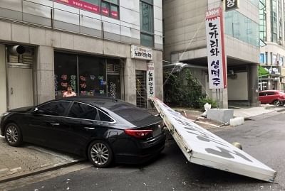 Seoul: A street sweeper cleans leaves and branches fallen on the ground in Seoul on Sept. 8, 2019, after Typhoon Lingling struck the country the previous day. (Yonhap/IANS)