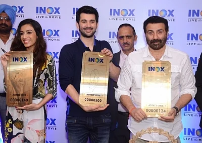 Jalandhar: Actors Sunny Deol, Karan Deol and Sahher Bambba at the launch of a cinema hall in Jalandhar on Sep 14, 2019. (Photo: IANS)