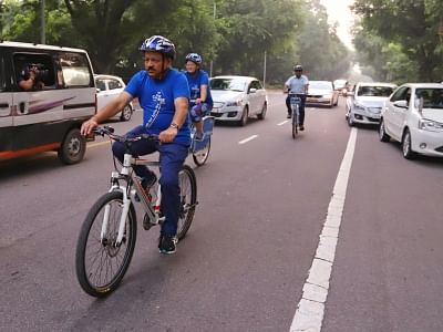 New Delhi: Union Health Minister Dr Harsh Vardhan cycles to the venue of the 72nd session of World Health Organization (WHO) Regional Office for South-East Asia (SEARO) in New Delhi on Sep 3, 2019. (Photo: IANS)