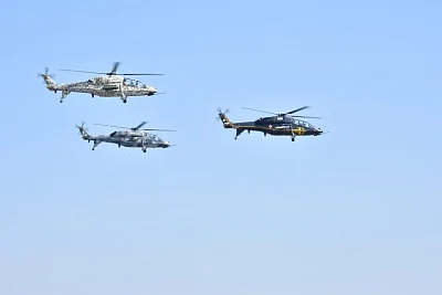 Bengaluru: Hindustan Aeronautics Limited (HAL) built Rudra helicopter during "Aero India 2019" - air show at Yelahanka Air Force Station, in Bengaluru, on Feb 20, 2019. (Photo: IANS)