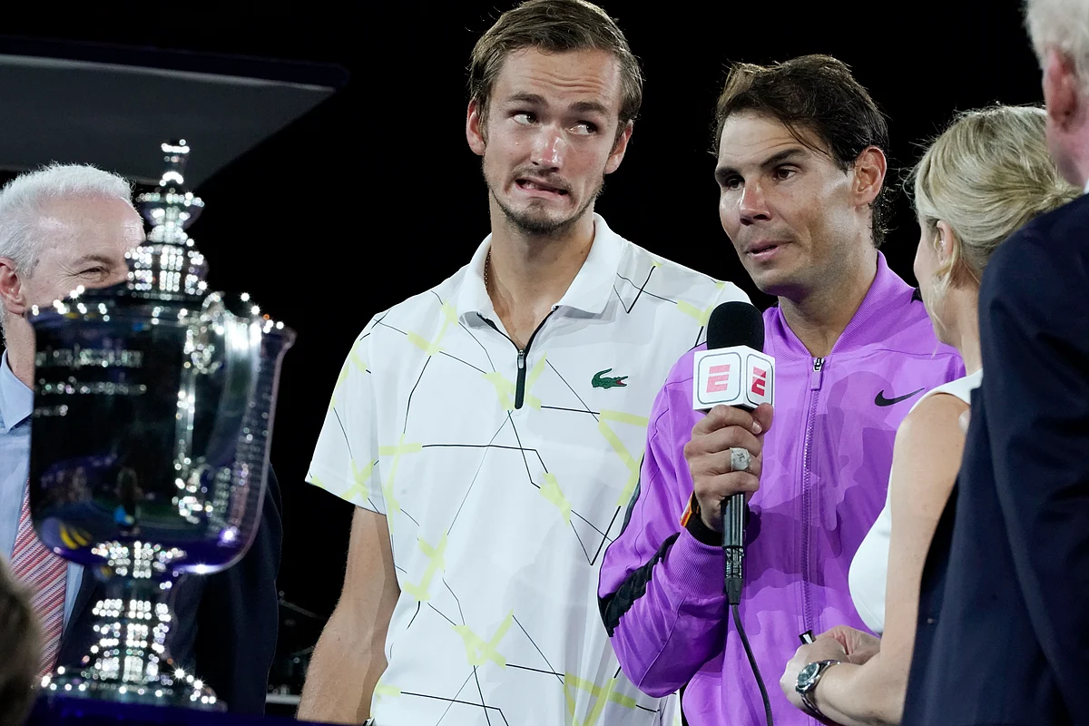 Rafael Nadal, of Spain, right, answers questions after defeating Daniil Medvedev, of Russia, left, to win the men’s singles final of the U.S. Open tennis championships Sunday, Sept. 8, 2019, in New York. 