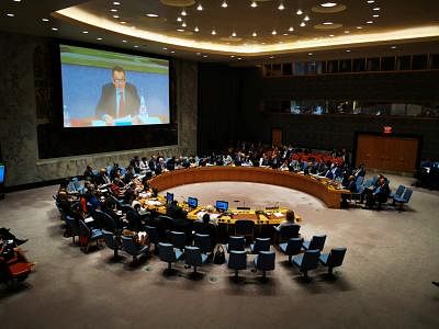 UNITED NATIONS, Aug. 14, 2019 (Xinhua) -- International Committee of the Red Cross (ICRC) President Peter Maurer (on screen) briefs the UN Security Council meeting on the promotion and strengthening of the rule of law in the maintenance of international peace and security, at the UN headquarters in New York,  Aug. 13, 2019. (Xinhua/Li Muzi/IANS)