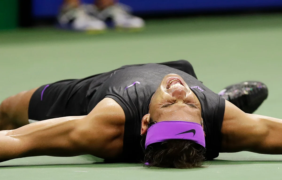Rafael Nadal, of Spain, reacts after defeating Daniil Medvedev, of Russia, to win the men’s singles final of the U.S. Open tennis championships Sunday, Sept. 8, 2019, in New York. 