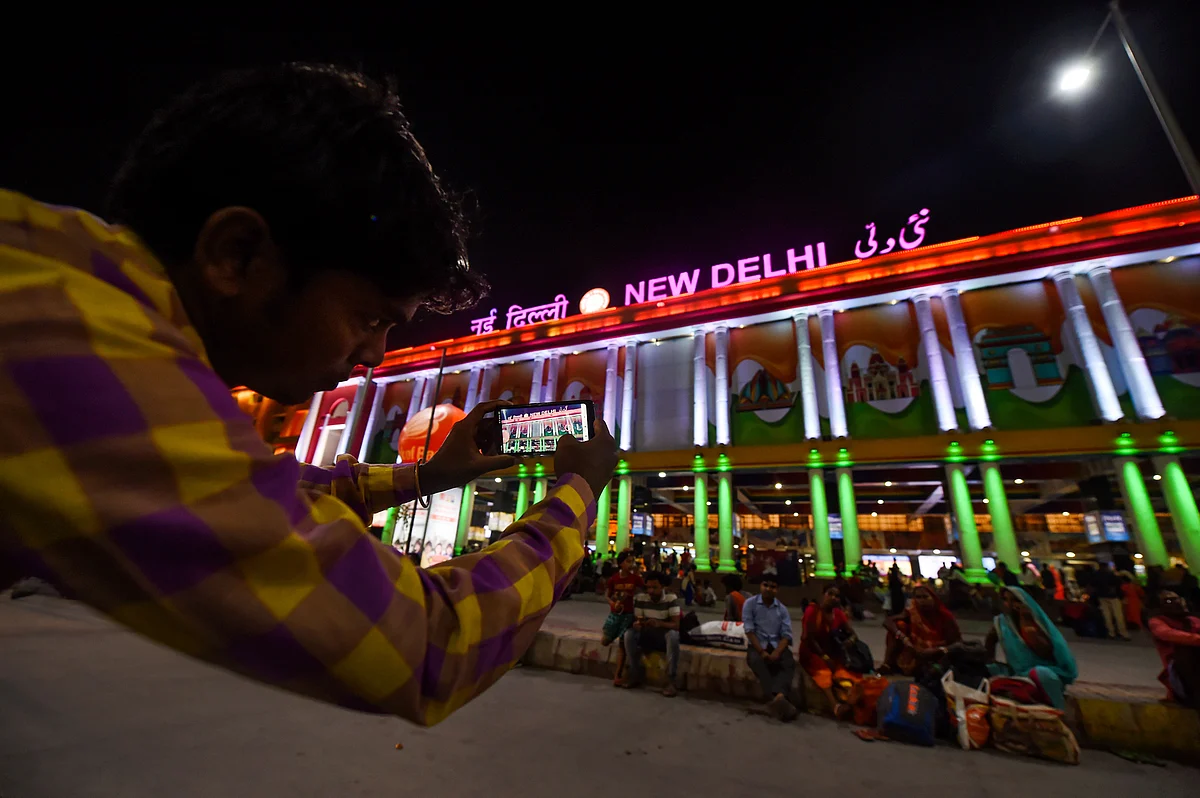 A view of the illuminated New Delhi Railway Station with the newly installed facade lighting. Indian Railways, under its station re-development and beautification initiative, has given NDLS new lighting on both Paharganj and Ajmeri Gate stations