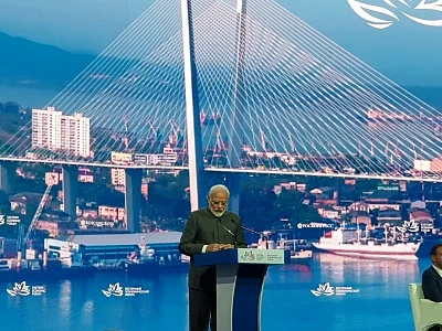 Vladivostok: Prime Minister Narendra Modi addresses at the Plenary session of the Eastern Economic Forum (EEF) 2019 as the Chief Guest in Vladivostok, Russia on Sep 5, 2019. (Photo: IANS/MEA)