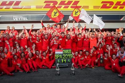 SPA-FRANCORCHAMPS, Sept. 2, 2019 (Xinhua) -- Team members of Ferrari celebrate after the Formula 1 Belgian Grand Prix at Spa-Francorchamps Circuit, Belgium, Sept. 1, 2019. (Xinhua/Zheng Huansong/IANS)