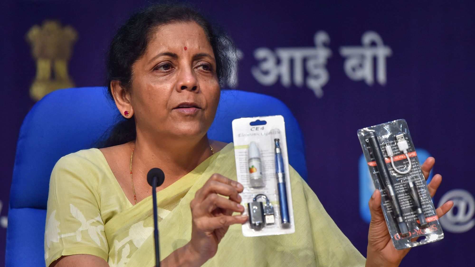 Finance Minister Nirmala Sitharaman at a press conference on Wednesday, 18 September.&nbsp;