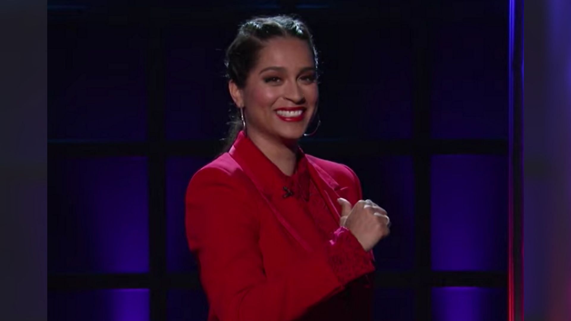 Lilly Singh hosting the first episode of her talkshow <i>A Little Late With Lilly Singh</i>.