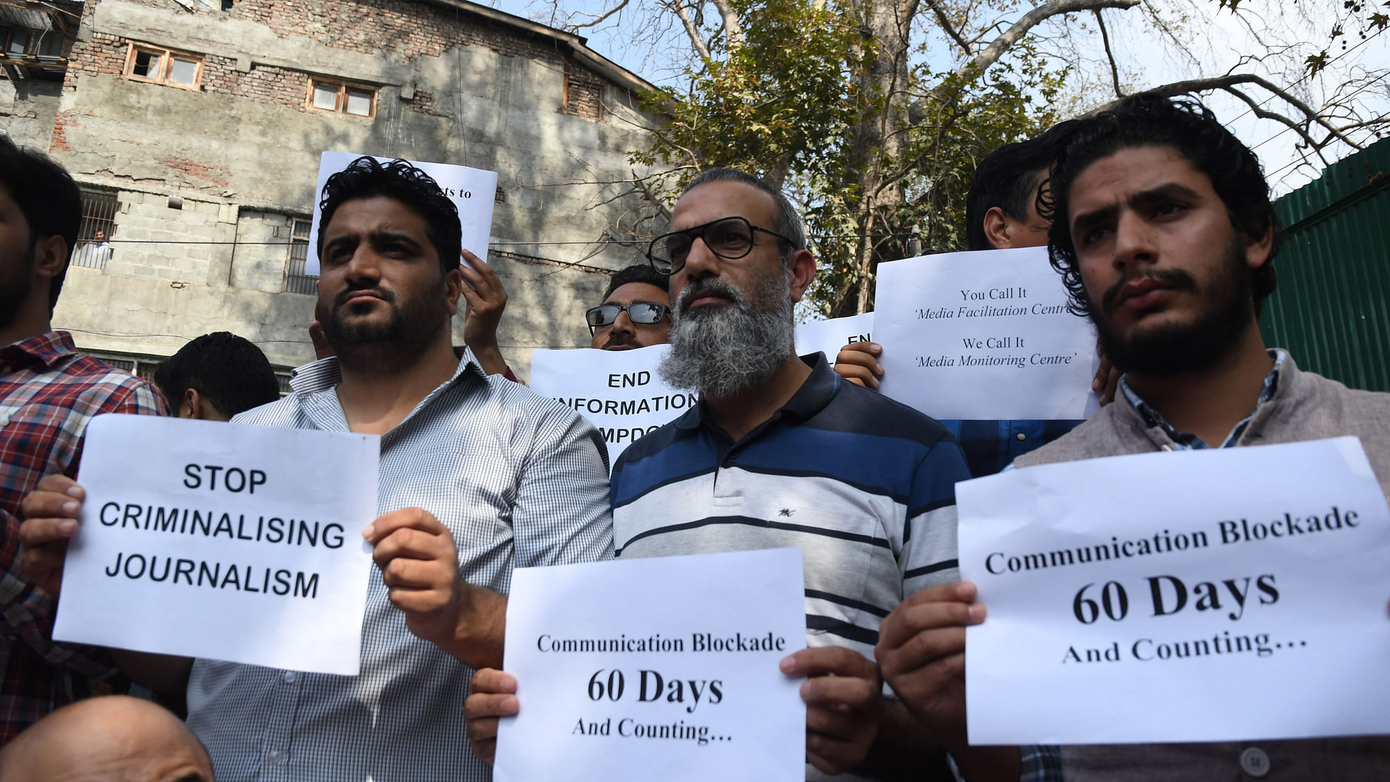 Kashmiri journalists stage silent protest against communication blockade in Kashmir.&nbsp;
