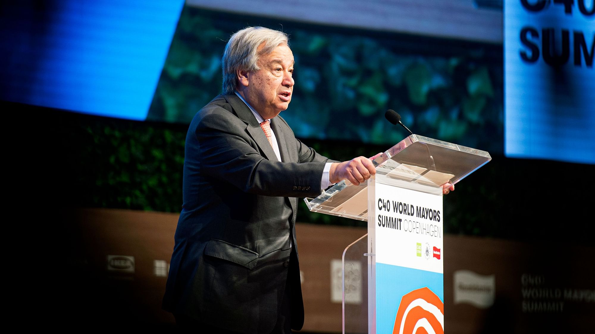Antonio Guterres, Secretary-General of the United Nations delivers a speech at the C40 World Mayors Summit in Copenhagen, Denmark