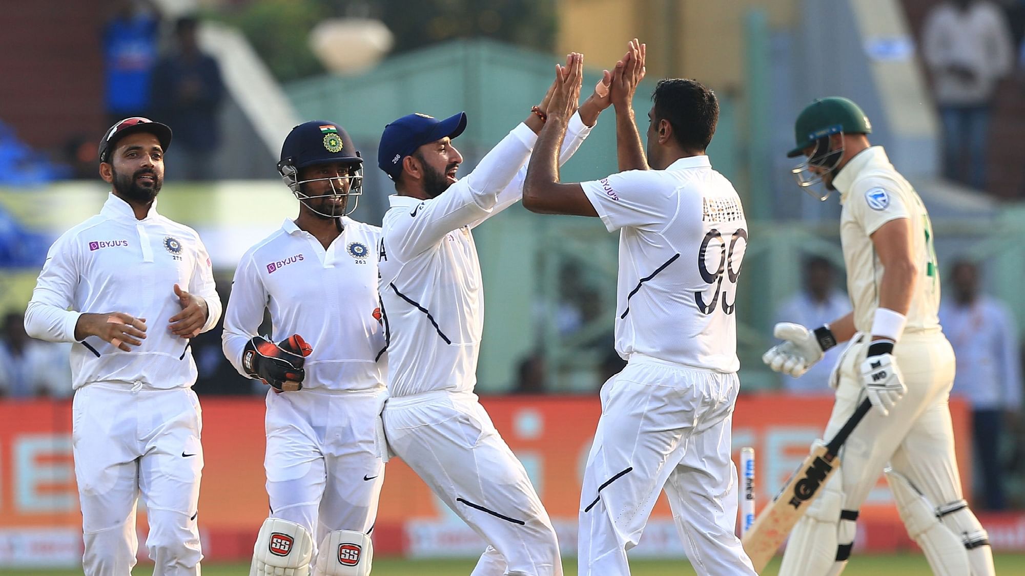 Team india players celebrate the wicket of Aiden Markram of South Africa during day 2 of the first test match.