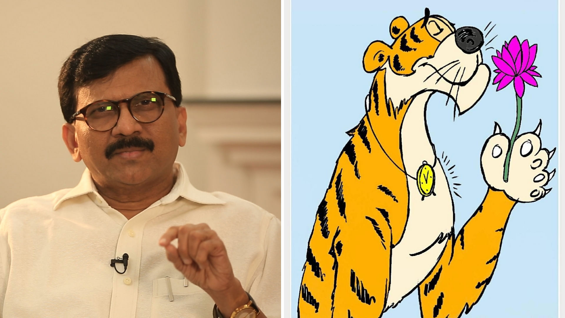 On Twitter, Shiv Sena leader Sanjay Raut posted a cartoon showing a tiger (Shiv Sena’s party symbol) wearing a clock locket (NCP’s party symbol) while sniffing a lotus (BJP’s party symbol.)&nbsp;