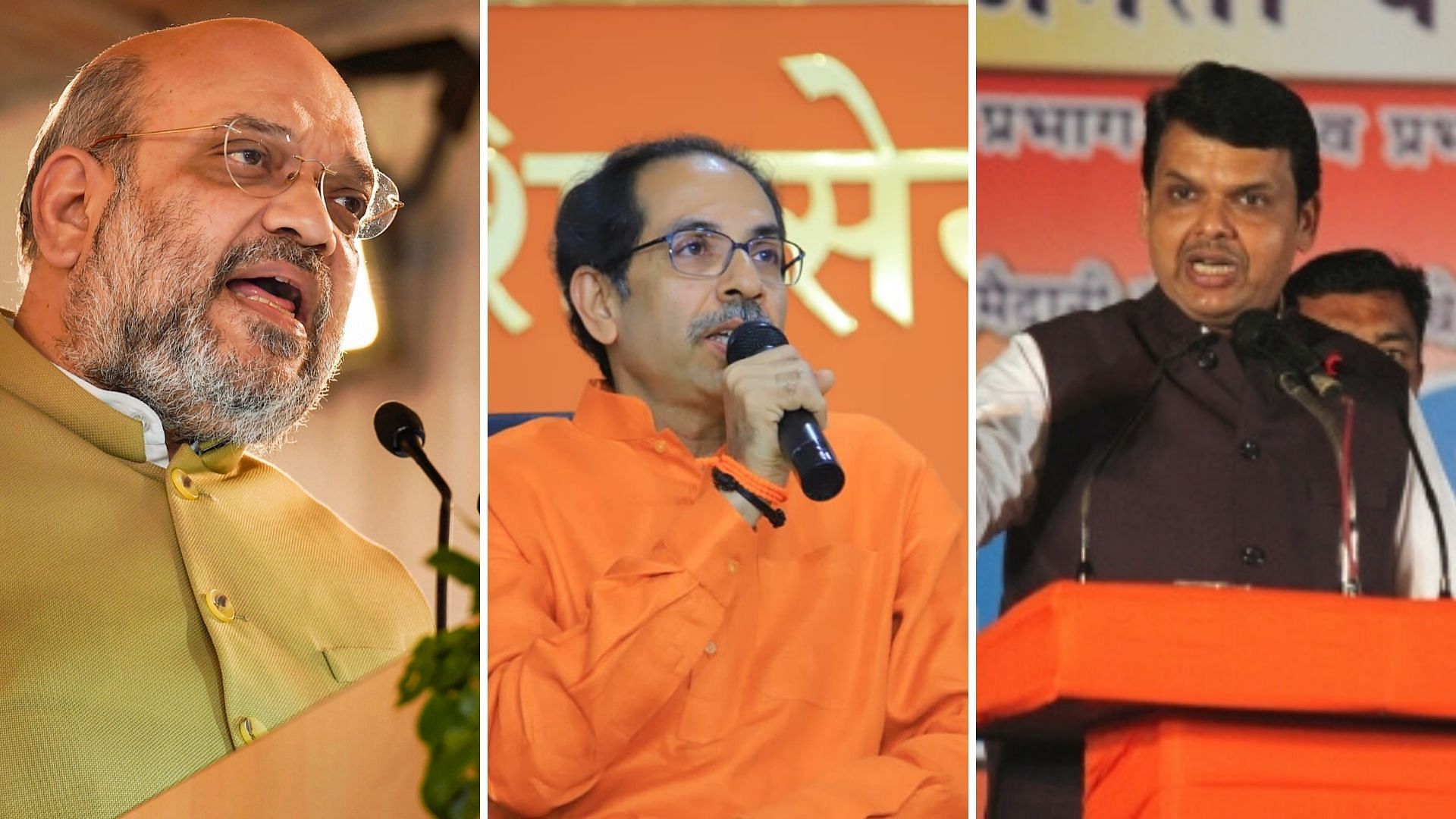 From left to right: BJP President Amit Shah, Shiv Sena Chief Uddhav Thackeray and Maharashtra Chief Minister Devendra Fadnavis.