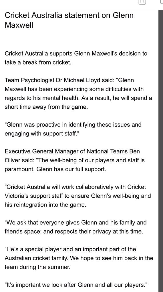 Glenn Maxwell has withdrawn himself from Australian cricket selection for ‘mental health’ reasons.