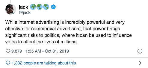 Twitter Bans All Political Ads, Says ‘Better Earned Than Bought’