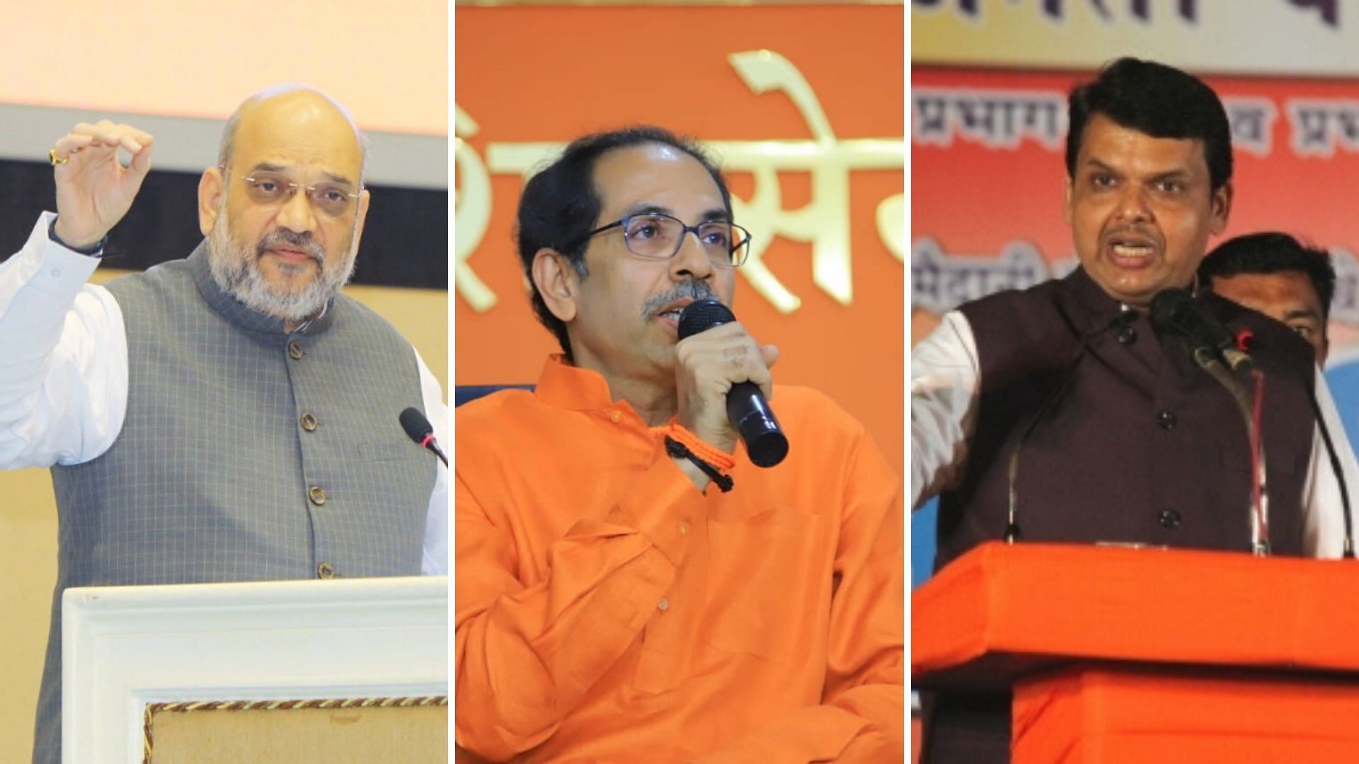 From left to right: BJP President Amit Shah, Shiv Sena Chief Uddhav Thackeray and Maharashtra Chief Minister Devendra Fadnavis.
