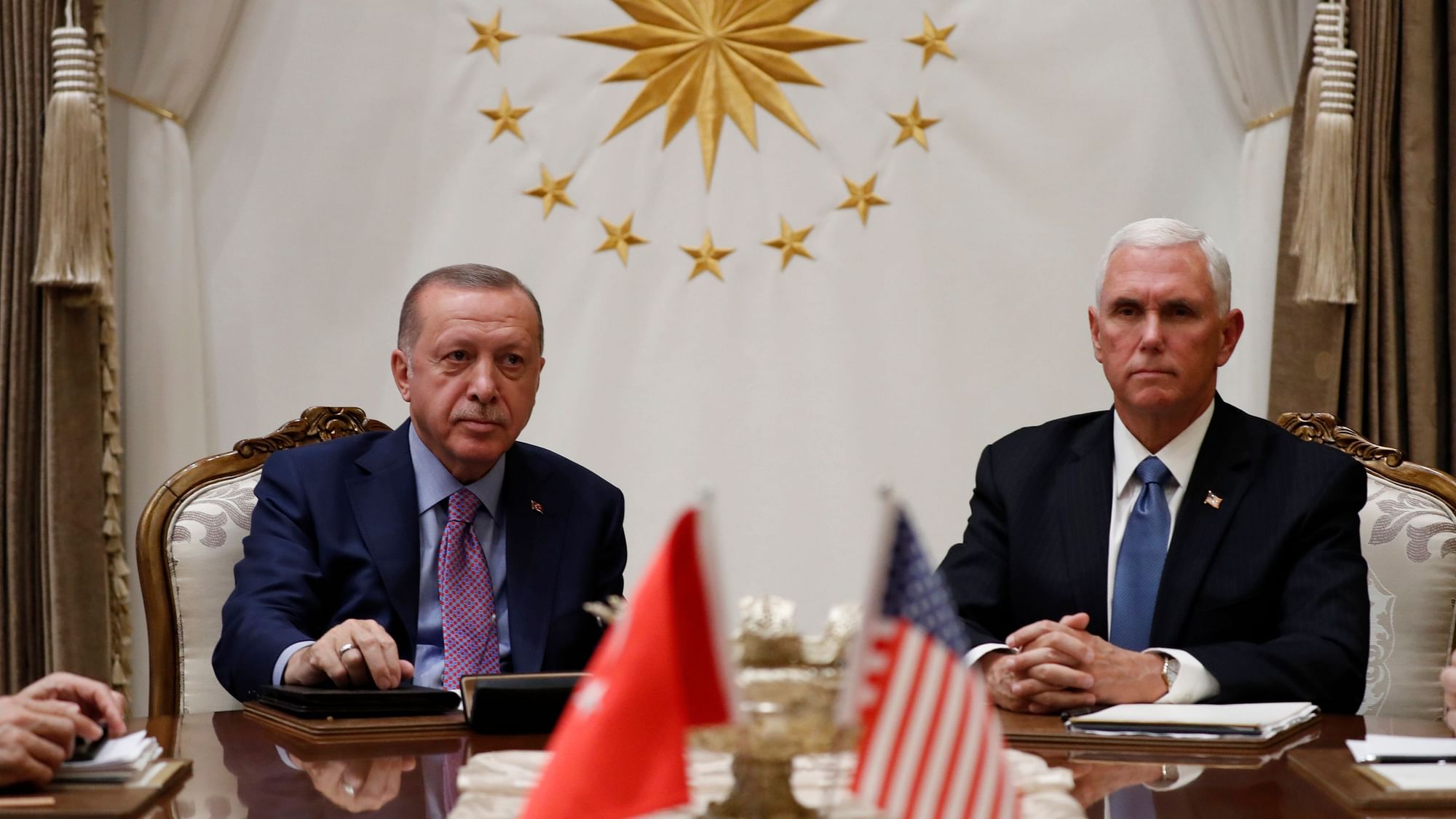 Vice President Mike Pence meets with Turkish President Recep Tayyip Erdogan at the Presidential Palace for talks on the Kurds and Syria.