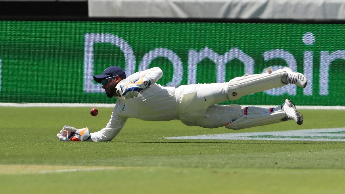 File picture of Rishabh Pant diving for a ball in Perth, Australia.