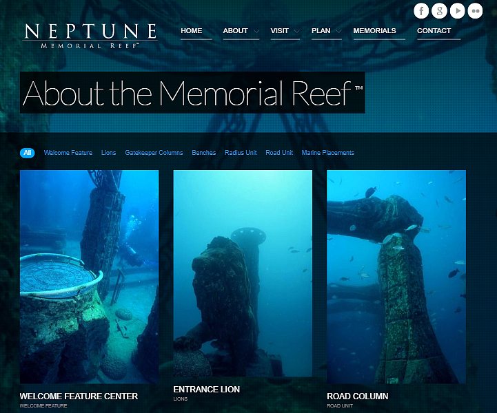 The lion statue on the website of the Neptune Memorial Reef with caption “Entrance Lion”.