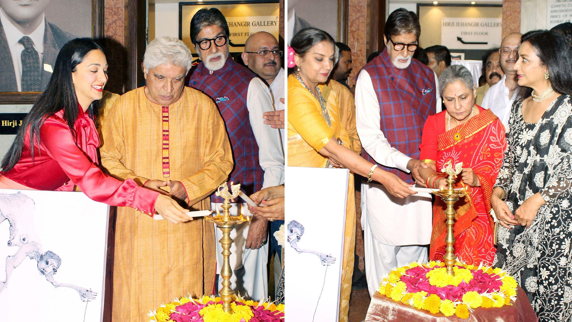 Amitabh Bachchan, Jaya Bachchan, Shabana Azmi, Javed Akhtar, Anuradha Patel and Kiara Advani at the inauguration of Aditiya Singh’s exhibit.