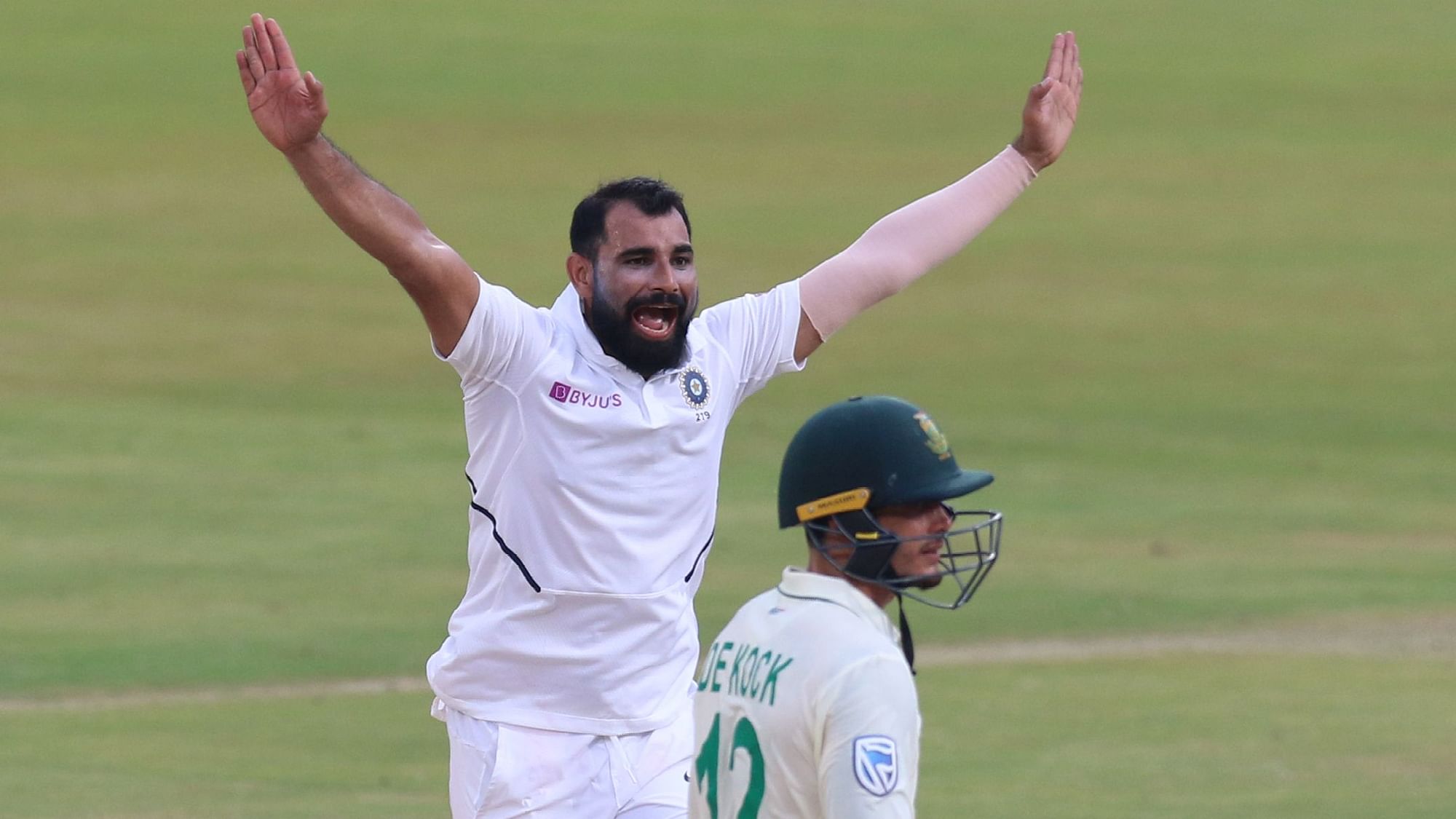 Mohammed Shami of India appeals unsuccessfully during day 3 of the first Test match between India and South Africa.