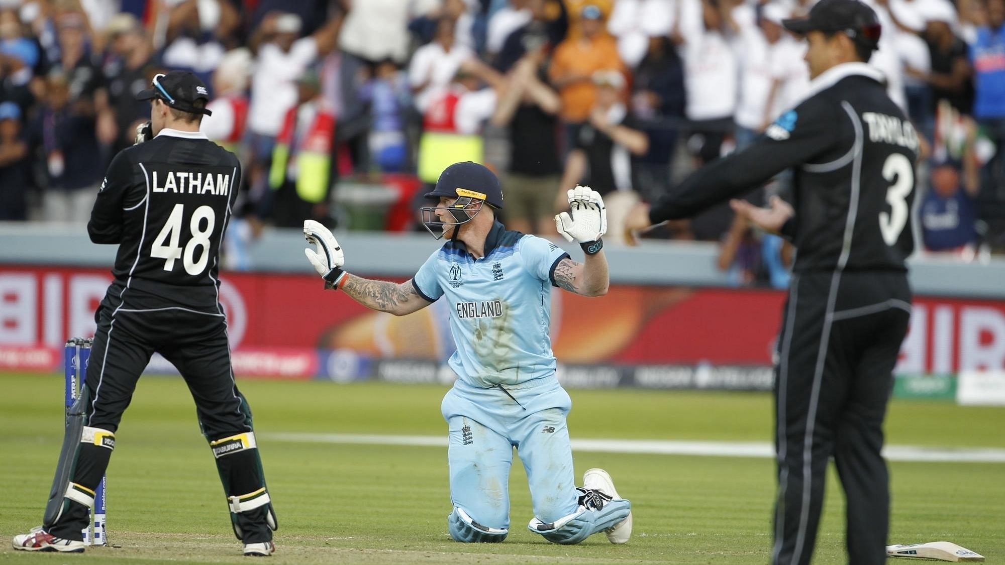 England’s Ben Stokes reacts after the ball hits his bat and goes onto cross the boundary line during the final of the 2019 World Cup.