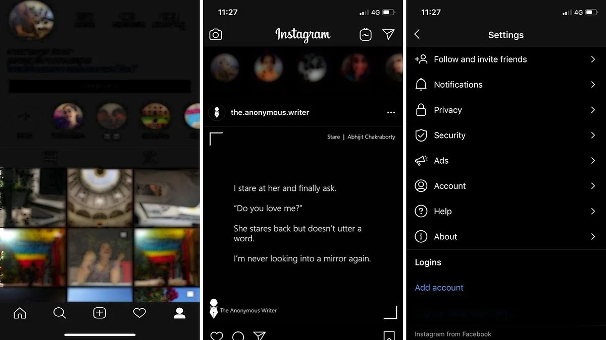 Instagram in dark mode.