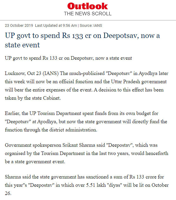 Media Misreports UP Govt’s Deepotsav Budget as Rs 133 Crore