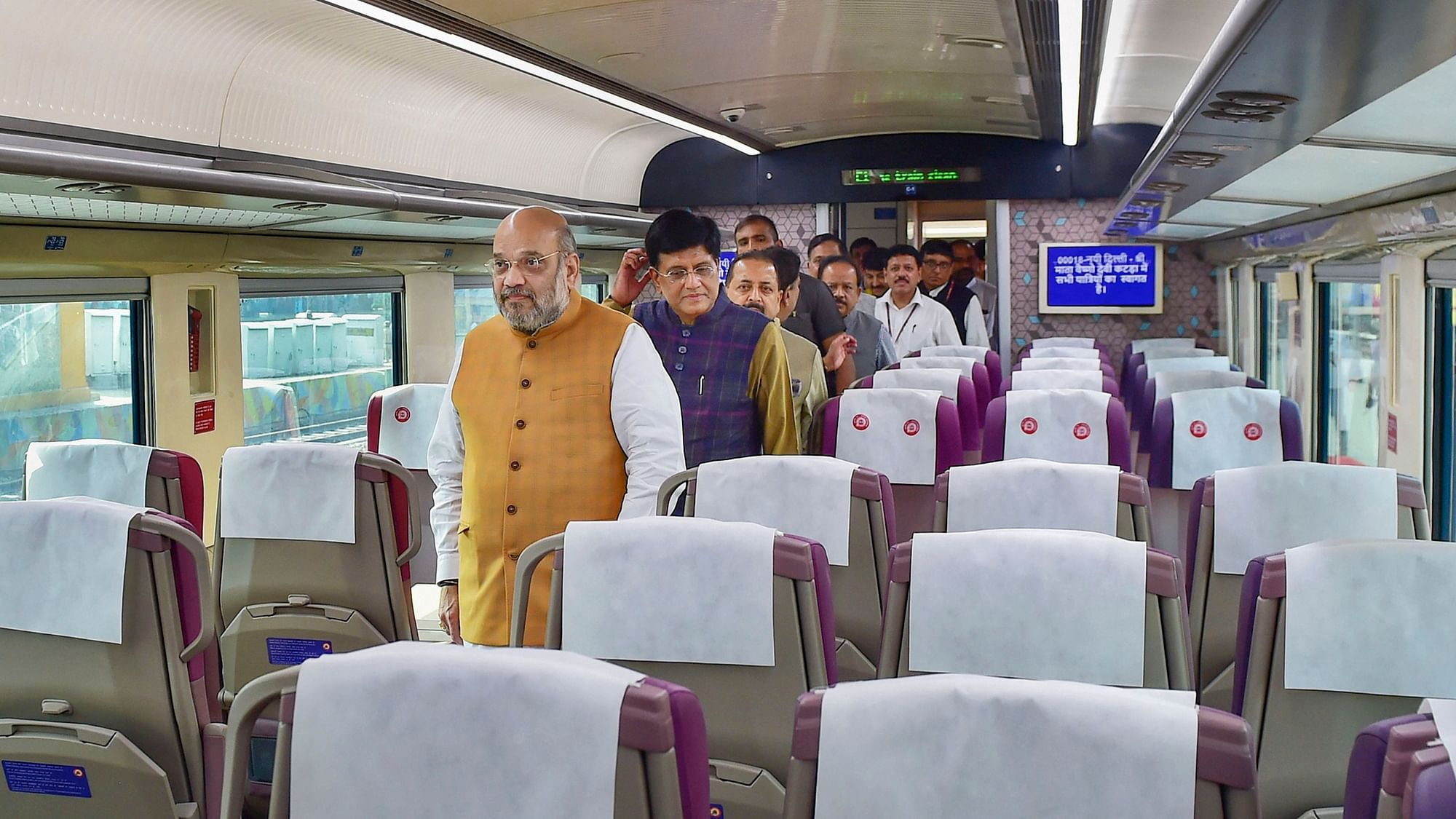 Union Home Minister Amit Shah inside a coach of the semi -high-speed train Vande Bharat Express  at New Delhi Railway Station, 3 October, 2019.