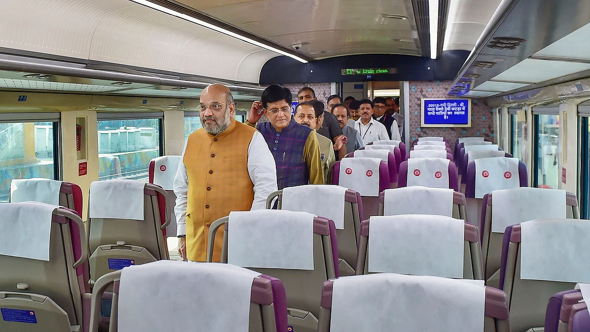 Union Home Minister Amit Shah inside a coach of the semi -high-speed train Vande Bharat Express at New Delhi Railway Station, 3 October, 2019.