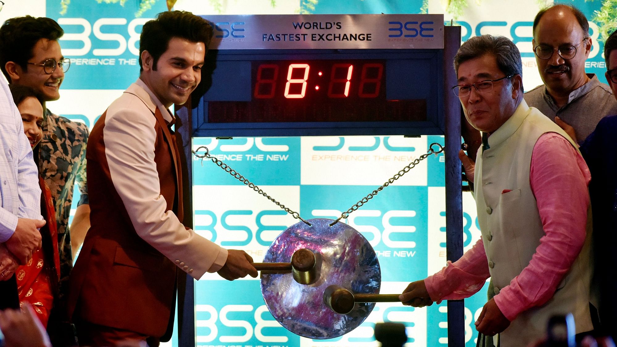 Bollywood actor Rajkumar Rao ringing the bell during a special muhurat trading session for Diwali at BSE in Mumbai on Sunday, 27 October.