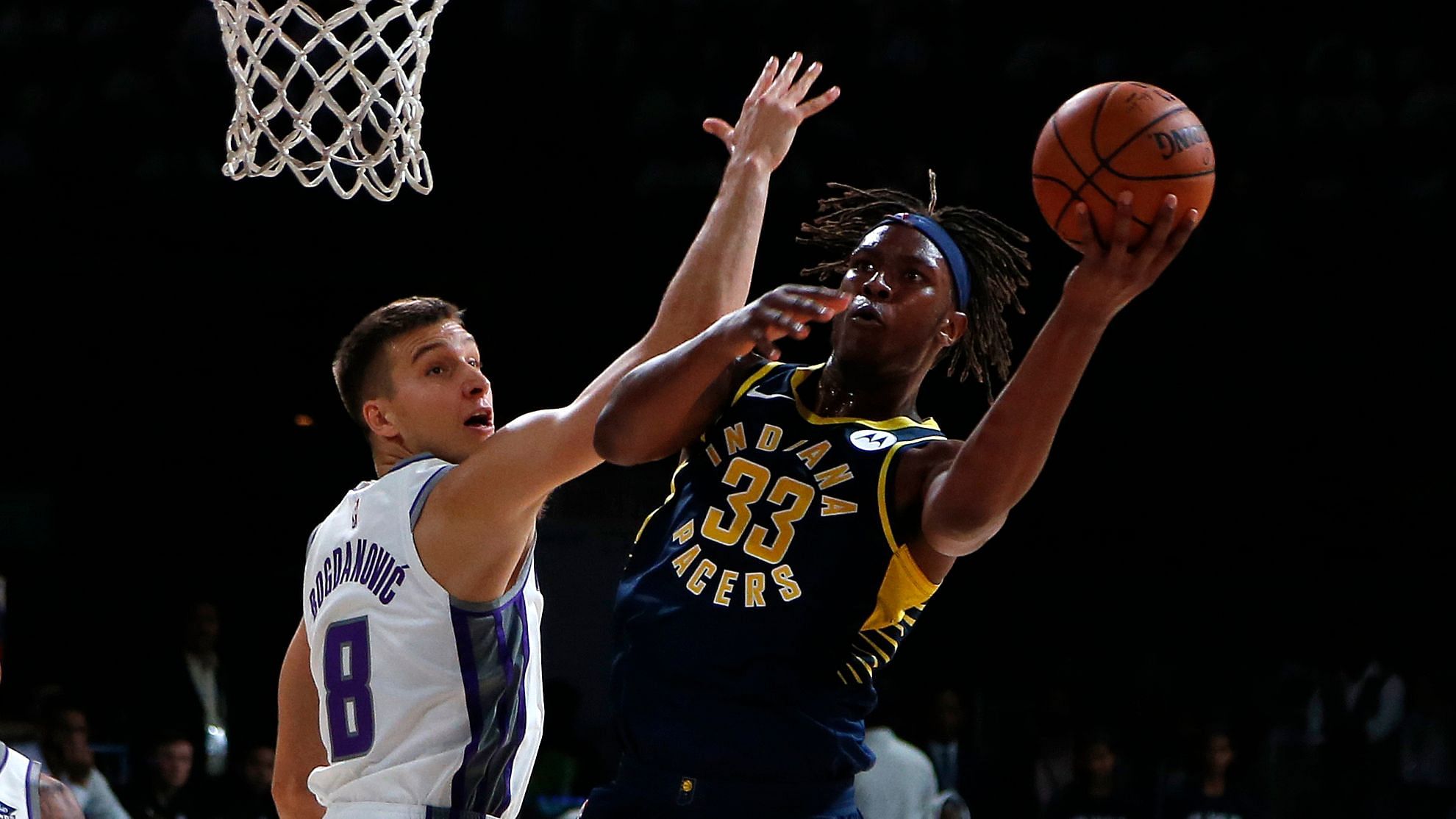 Indiana Pacers’ player Myles Turner aims for the net during a match against Sacramento Kings at the NBA India Games.