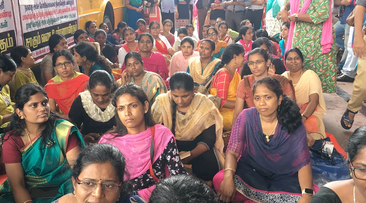 Women doctors sitting in protest outside Rajiv Gandhi Government Hospital.