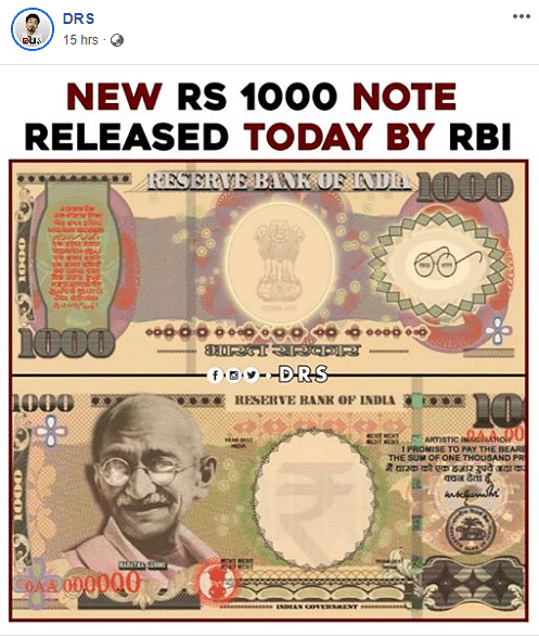 A message on social media claims that the Reserve Bank of India  has released new Rs 1000 currency notes. 