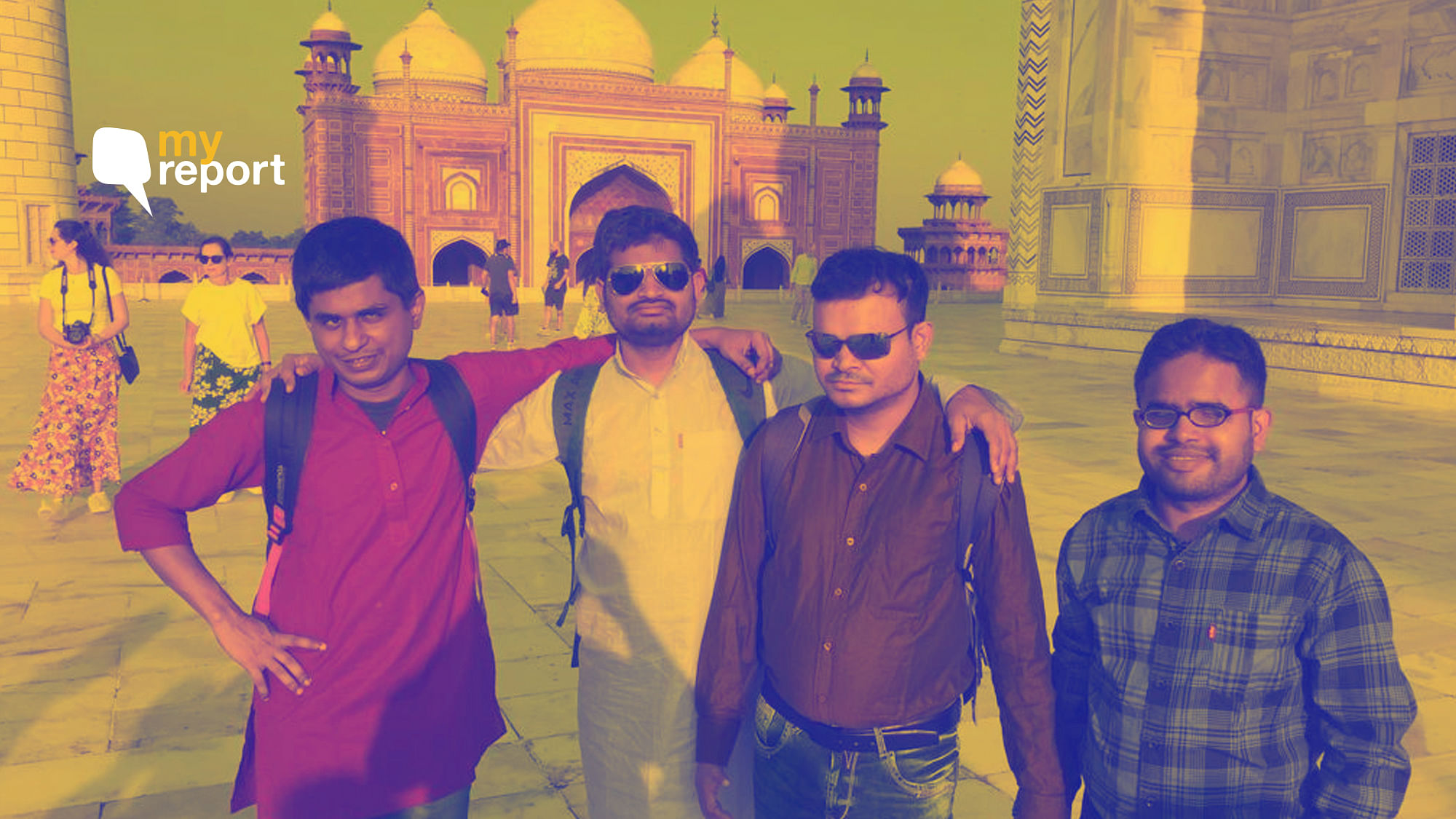 Prasanna Kumar Panda, Basanta Behera, Ananta Kumar Nayak, and Amit Kumar Mohanty pose in front of the Taj Mahal Museum.&nbsp;