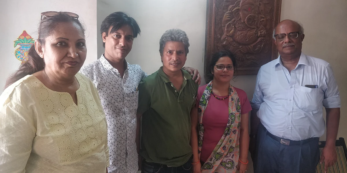 Vishwa Bhanu and his wife Priyanka flanked by the three members of the Jaago Hindu Family who visited their residence on Monday morning.