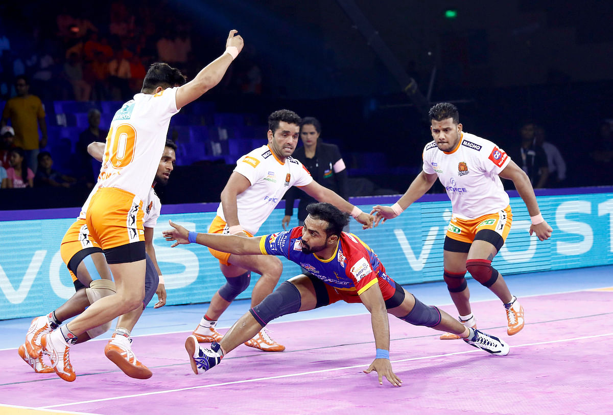 Home side UP Yoddha produced an all-round performance to beat Puneri Paltan 43-39 in a Pro Kabaddi League match.
