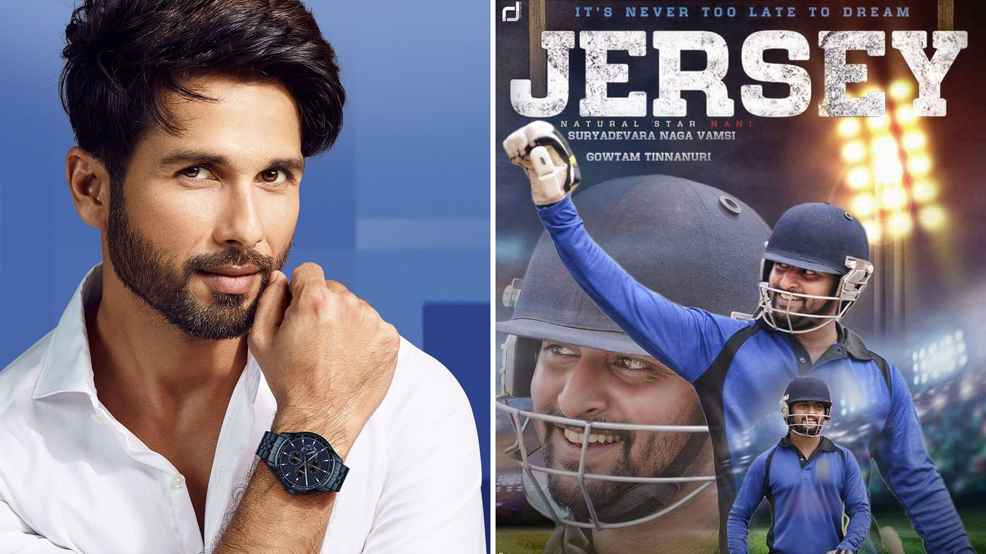 Shahid Kapoor (L), a poster for<i> Jersey</i> (R).