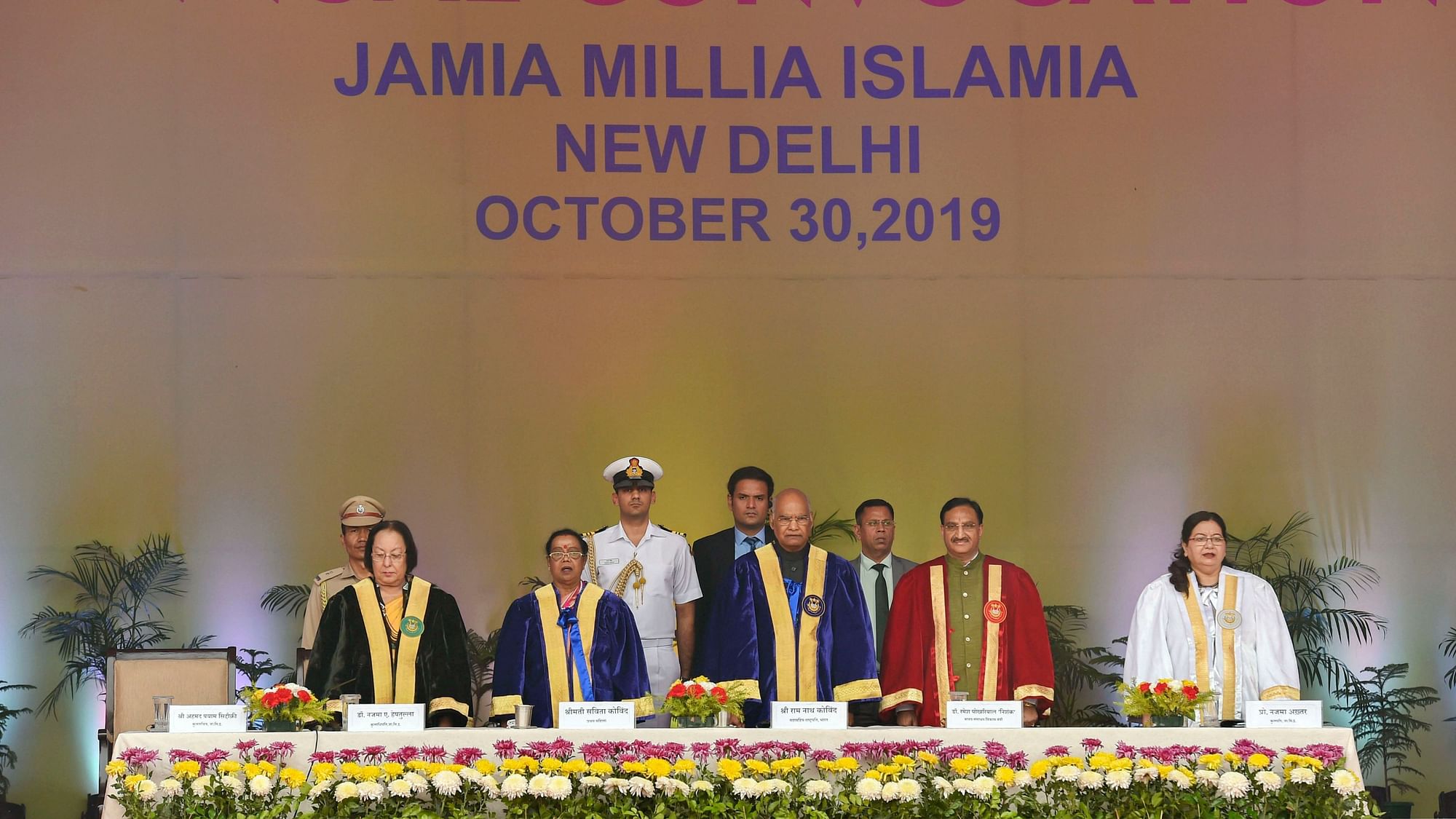 President Ram Nath Kovind, First Lady Savita Kovind, Manipur Governor and JMI Chancellor Najma Heptulla, HRD Minister Ramesh Pokhriyal ‘Nishank’ and JMI V-C Professor Najma Akhtar during Jamia Millia Islamia’s convocation ceremony.