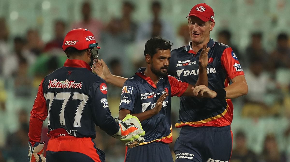Shahbaz Nadeem celebrates a wicket during the 2018 IPL with his Delhi Daredevils teammates.