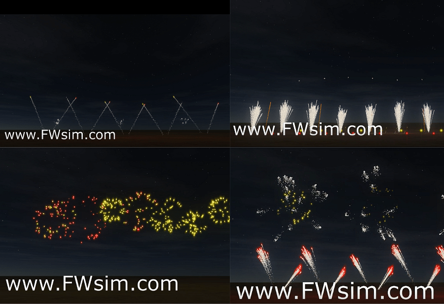 The video has been created using FWSim which is a fireworks simulator.