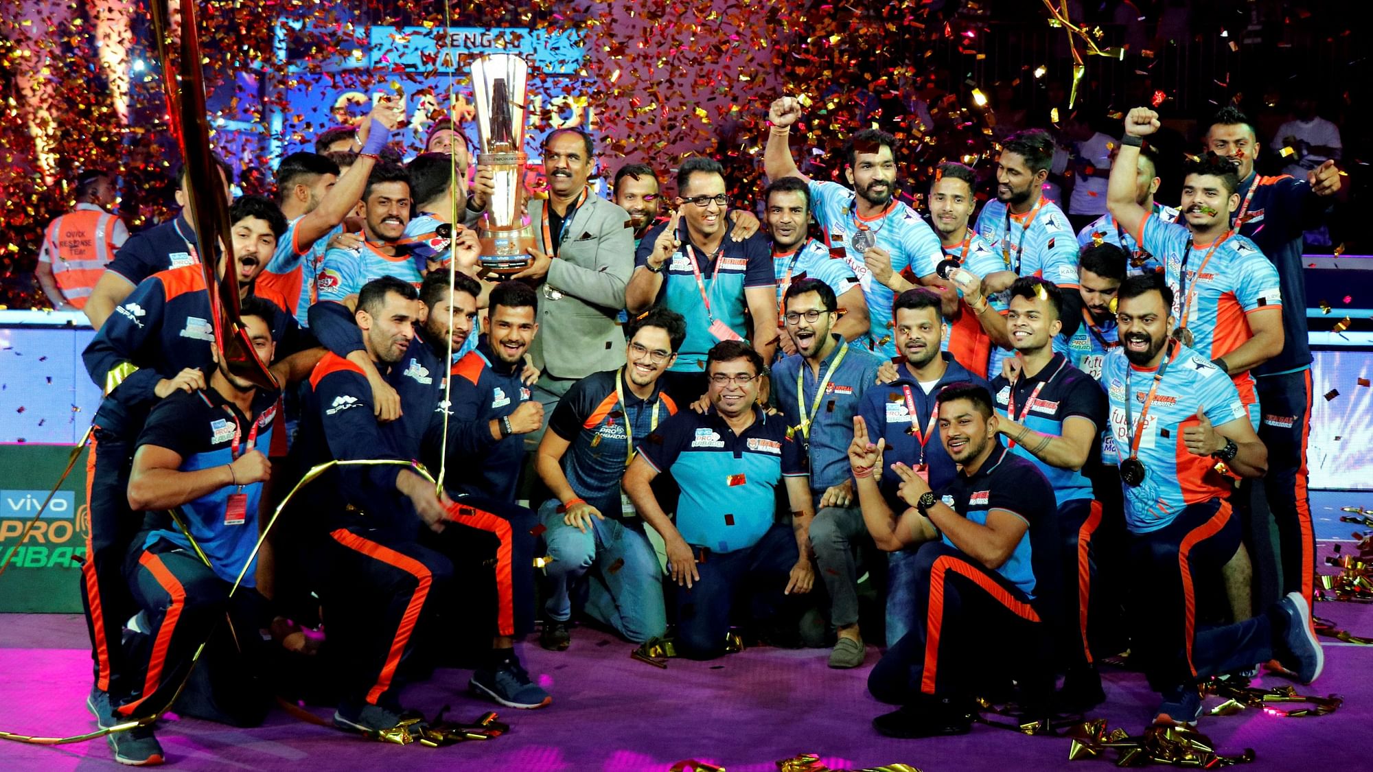 Bengal Warriors’ players and support staff with the Pro Kabaddi League at the&nbsp;