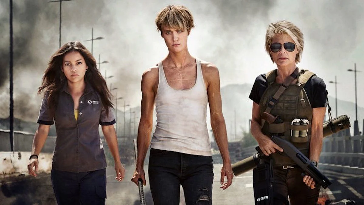 Natalia Reyes, Mackenzie Davis and Linda Hamilton in <i>Terminator: Dark Fate</i>.