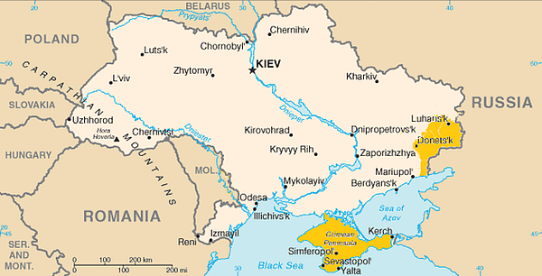 A map of Ukraine – shaded areas are territory Russia has claimed.