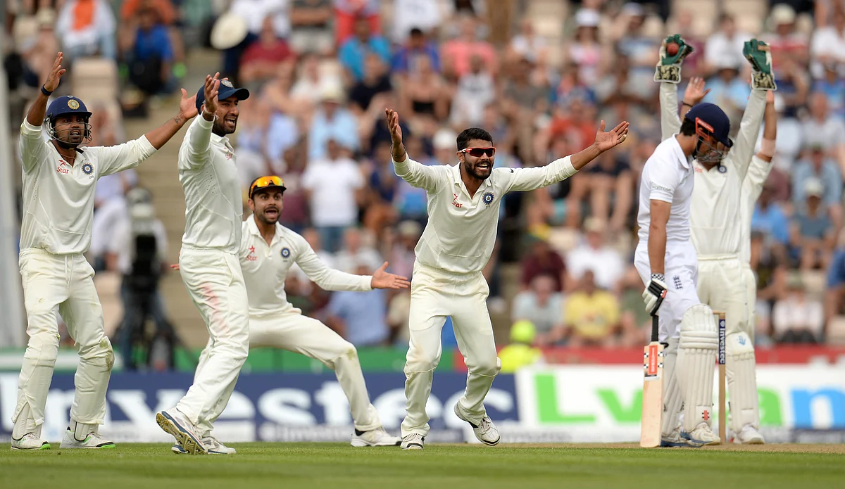 Ravindra Jadeja appeals as he dismisses England’s Alastair Cook for 95 runs during the third test on 27 July 27, 2014.