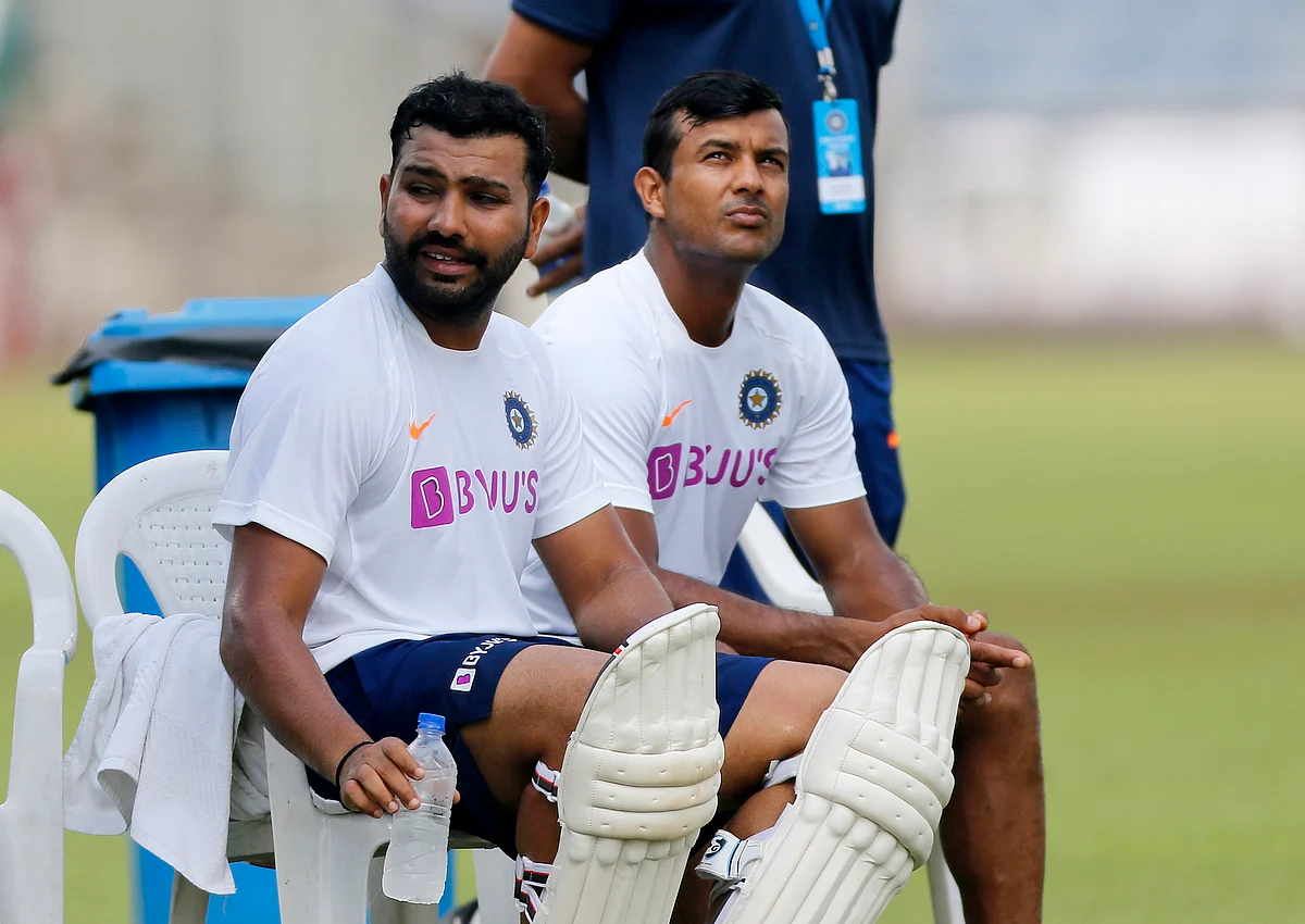 Indian cricketer Rohit Sharma, left, and Mayank Agarwal attend a practice session ahead of the second Test match.