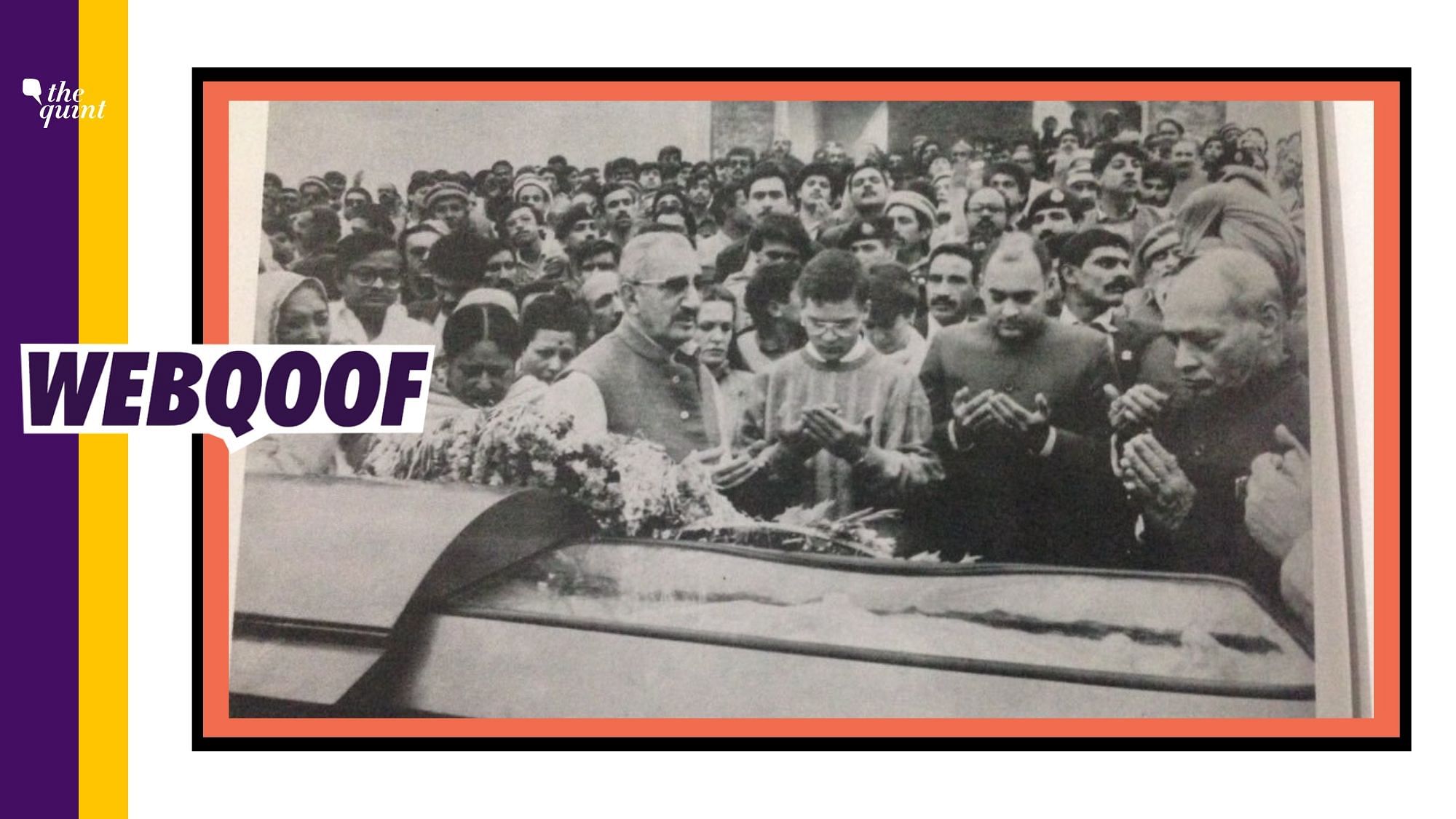 An old picture shows Rahul and Rajiv Gandhi with their hands folded in front of them, offering prayers before a coffin.
