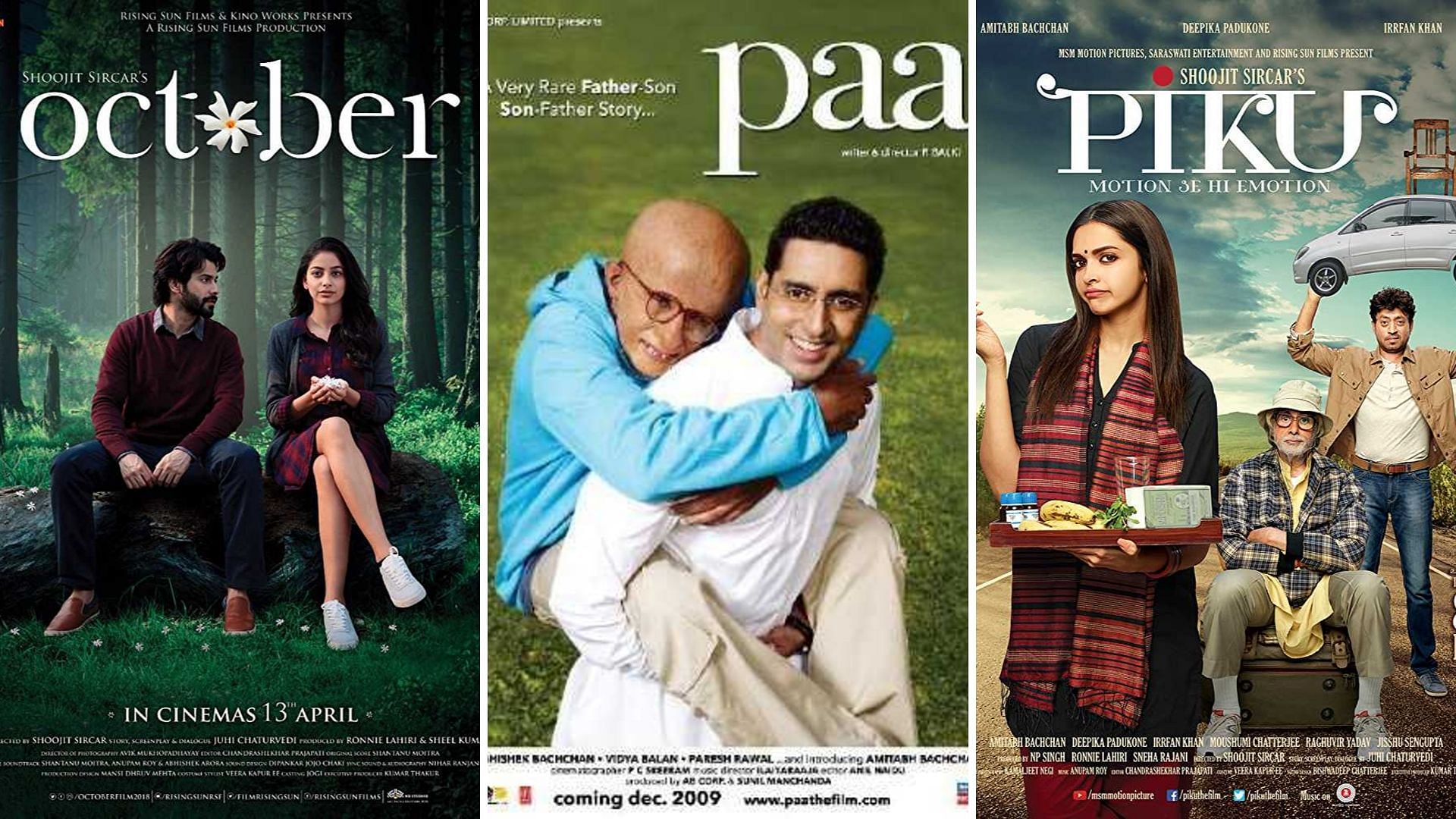 Posters of films <i>October, Paa, Piku.</i>