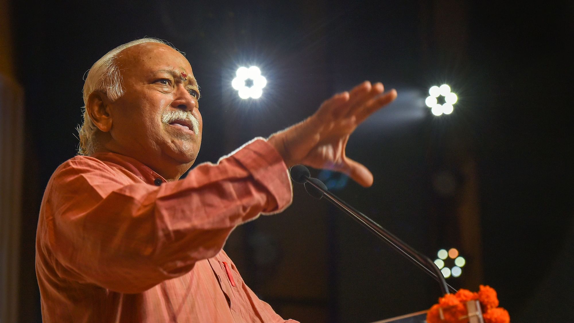 RSS Chief Mohan Bhagwat speaks at an event.