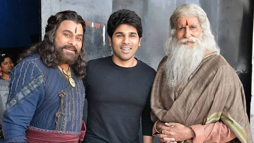 Chiranjeevi, Allu Sirish and Amitabh Bachchan on the sets of Sye Raa Narasimha Reddy.